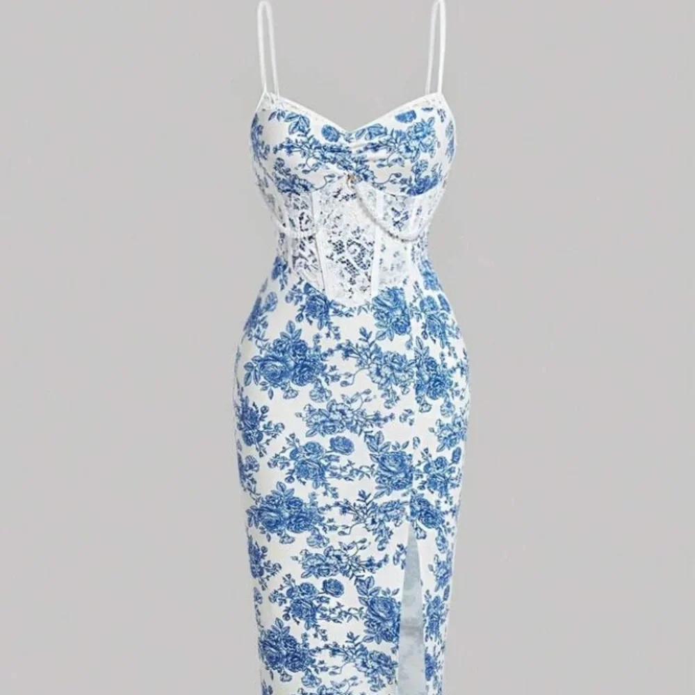 SHEIN MOD | NWT! 👗Floral Print Lace Panel Split Hem Cami Dress XS - Picture 1 of 12